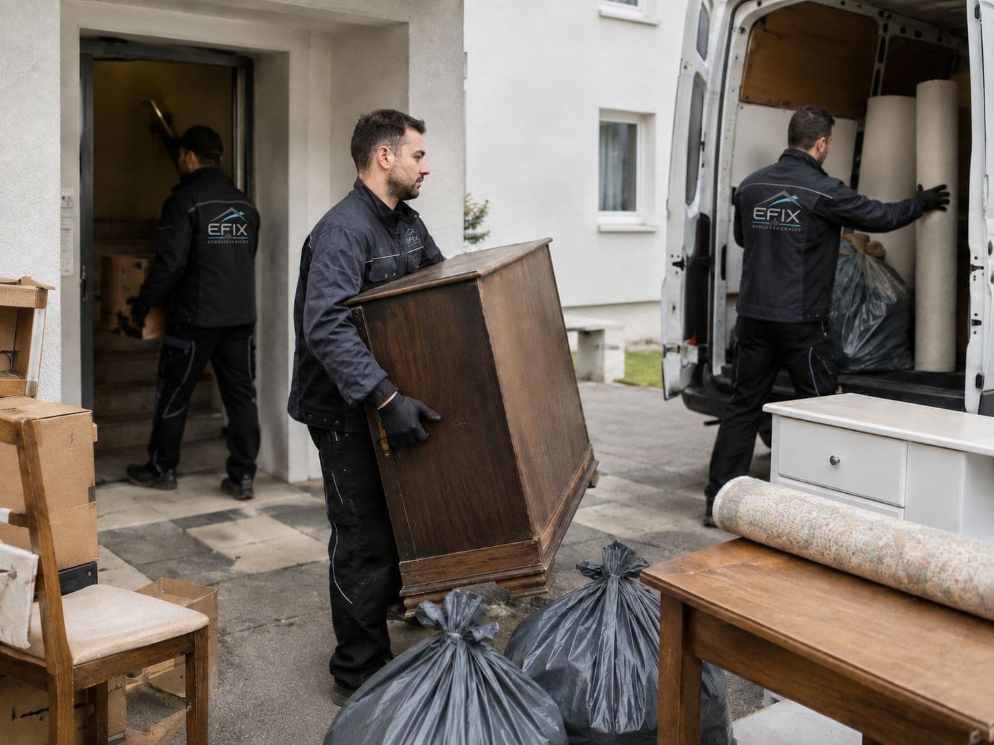 EFIX Team verlädt Möbel bei einer Wohnungsentrümpelung in den Transporter