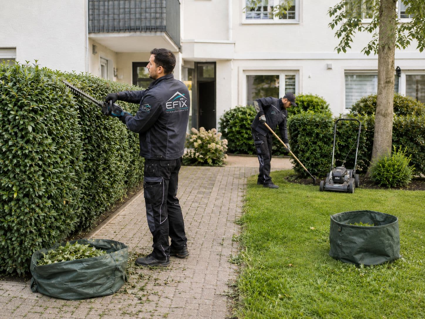 EFIX Mitarbeiter schneiden Hecke und mähen Rasen vor einer Wohnanlage