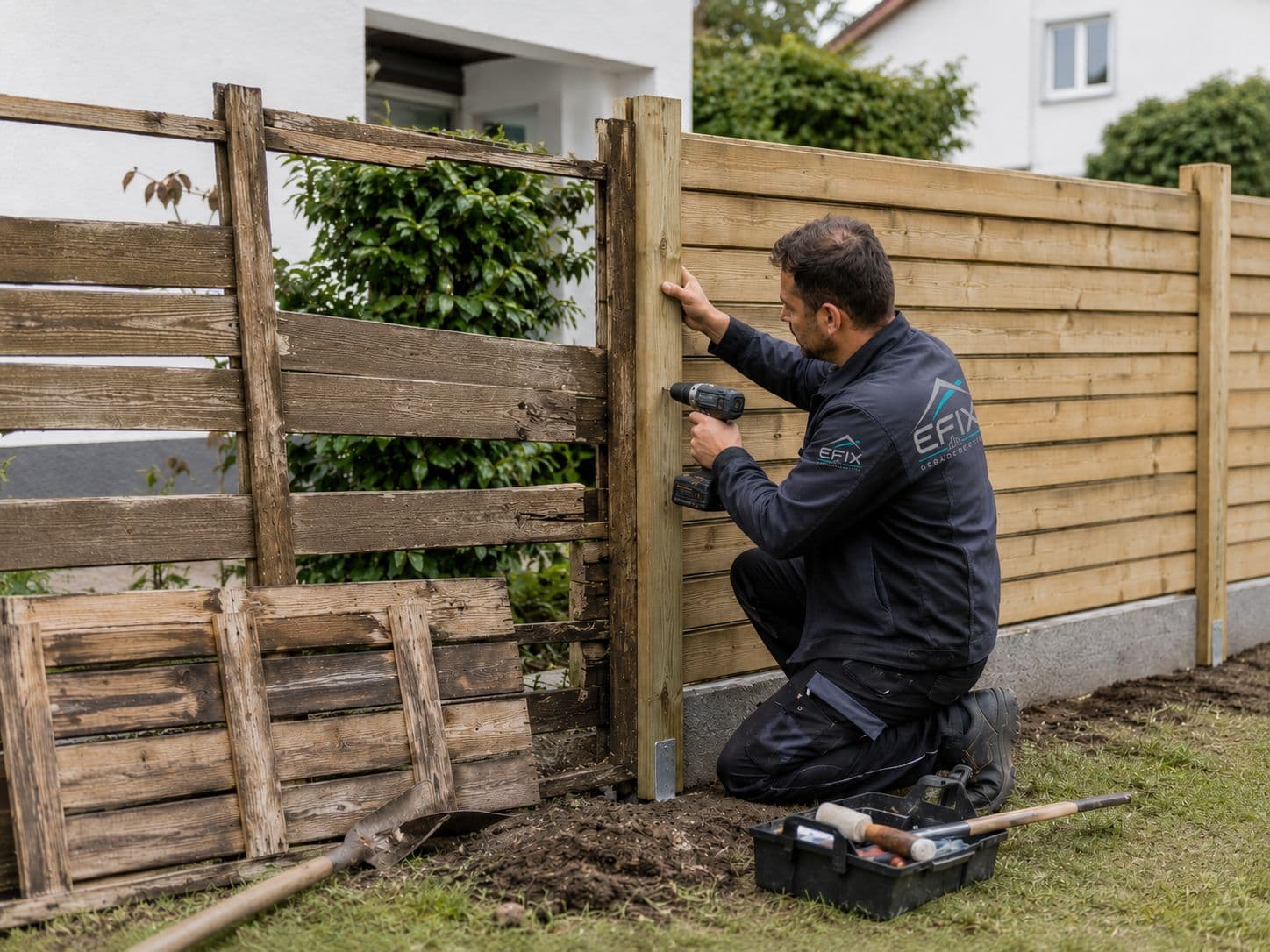 EFIX Mitarbeiter erneuert Holzzaunelemente im Garten