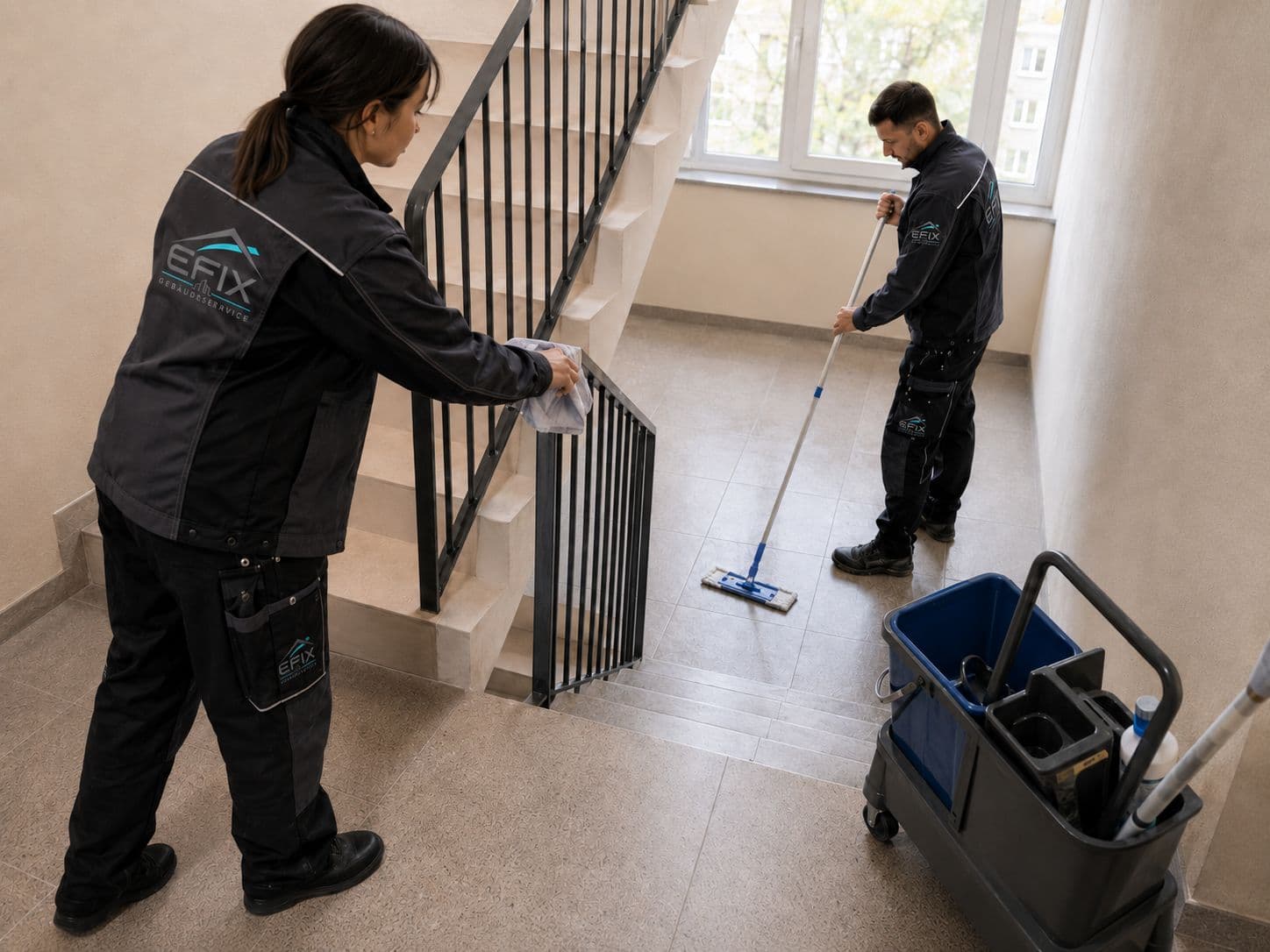 Zwei EFIX Mitarbeiter reinigen Treppenhaus und Geländer