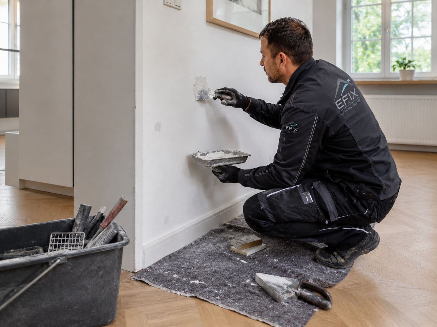 EFIX Mitarbeiter bessert eine beschädigte Innenwand aus