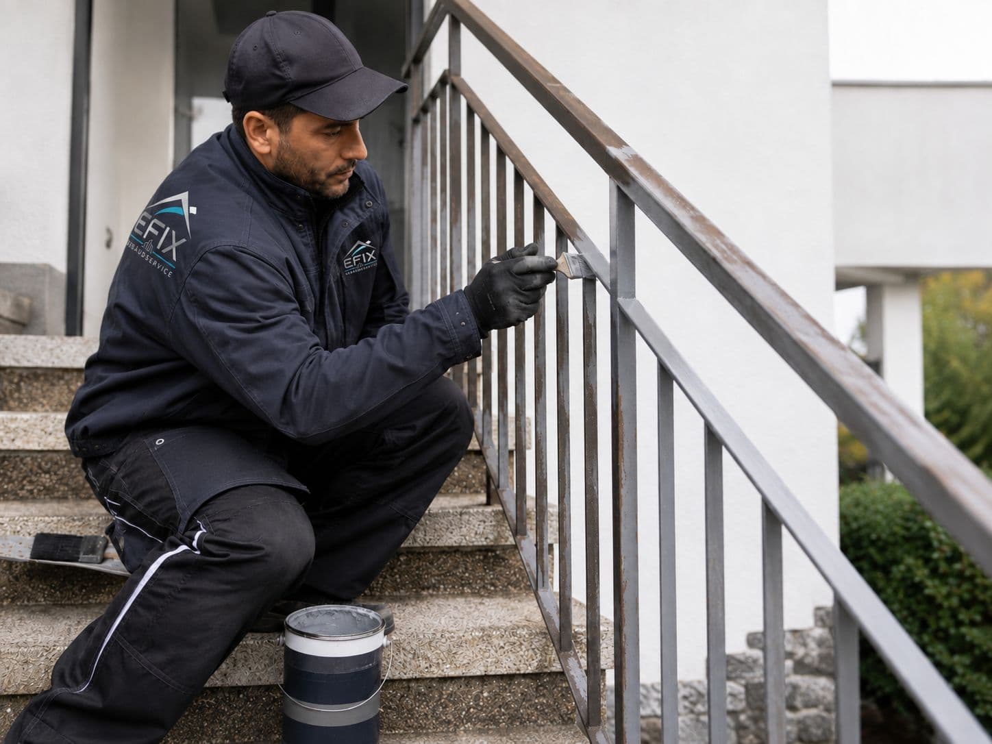 EFIX Mitarbeiter streicht ein entrostetes Treppengeländer