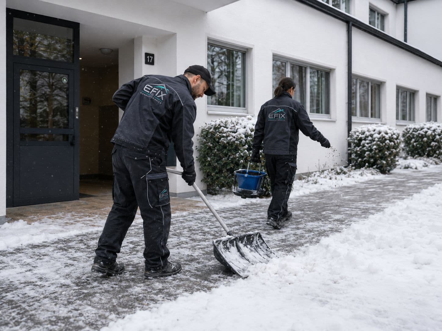 EFIX Team räumt und streut den Zugang einer Wohnanlage im Schnee